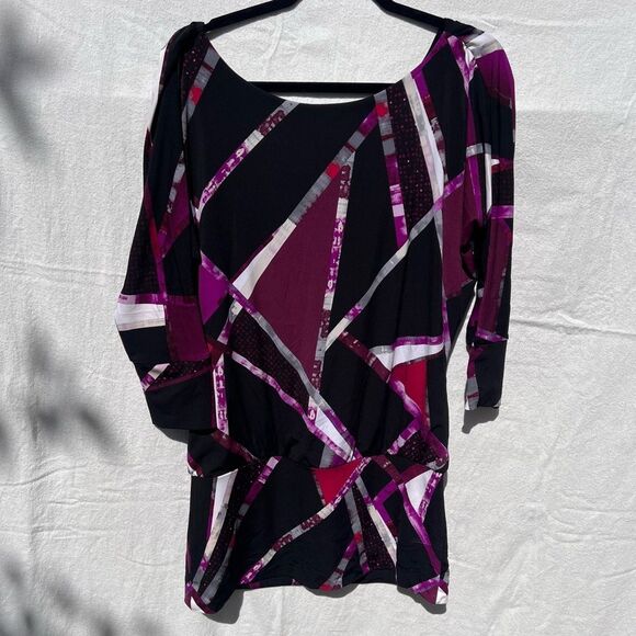 White House Black Market Geometric Purple and Black Blouse - Picture 2 of 5